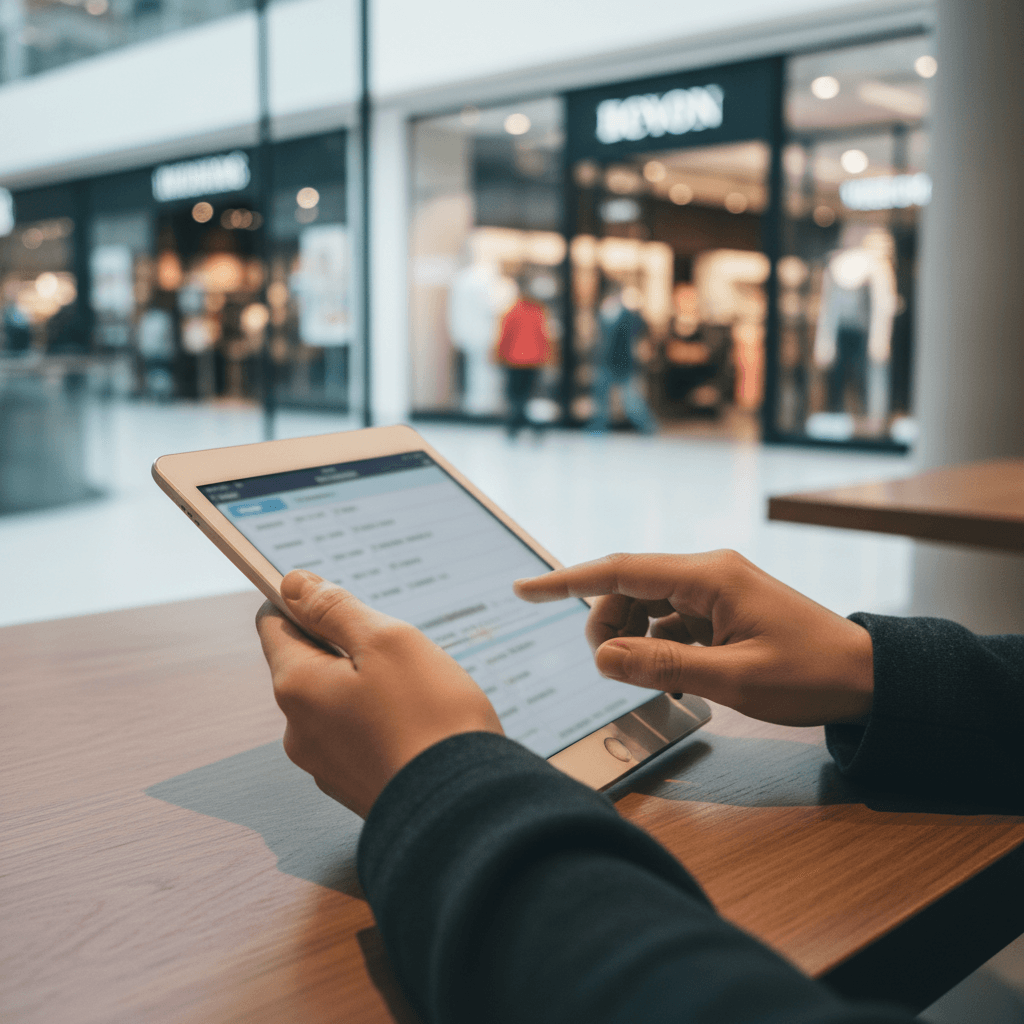 Mystery shopper's hands holding tablet with digital evaluation form while assessing retail environment