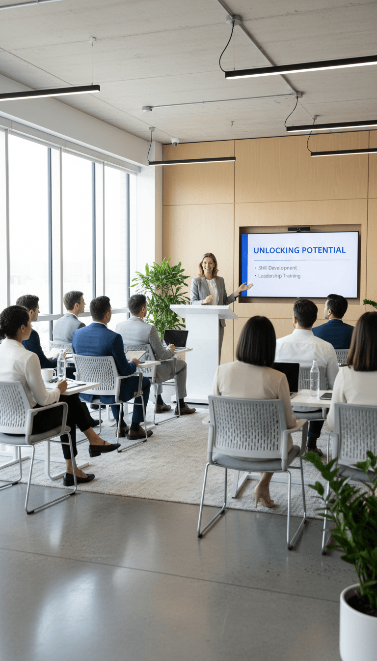 HR consultant delivering training presentation to diverse seated audience in modern professional training room