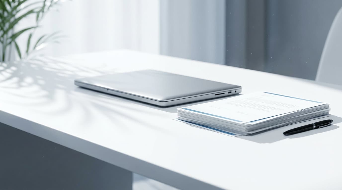 Bright minimalist desk with closed laptop, credential stack, and pen; plant shadow gently sways across clean white surface.