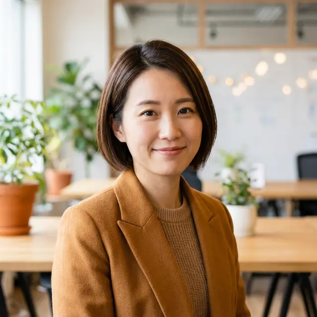 Smiling woman with short hair wearing a brown blazer and sweater in a bright office.